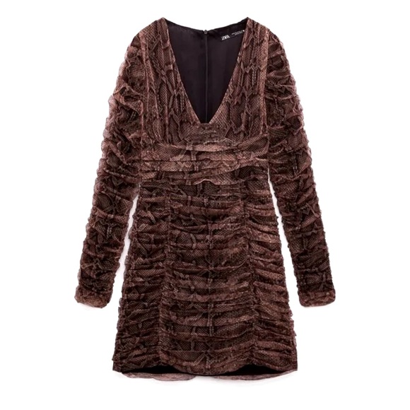 Zara blogger long sleeve tulle.snake print ruched dress - Picture 3 of 11